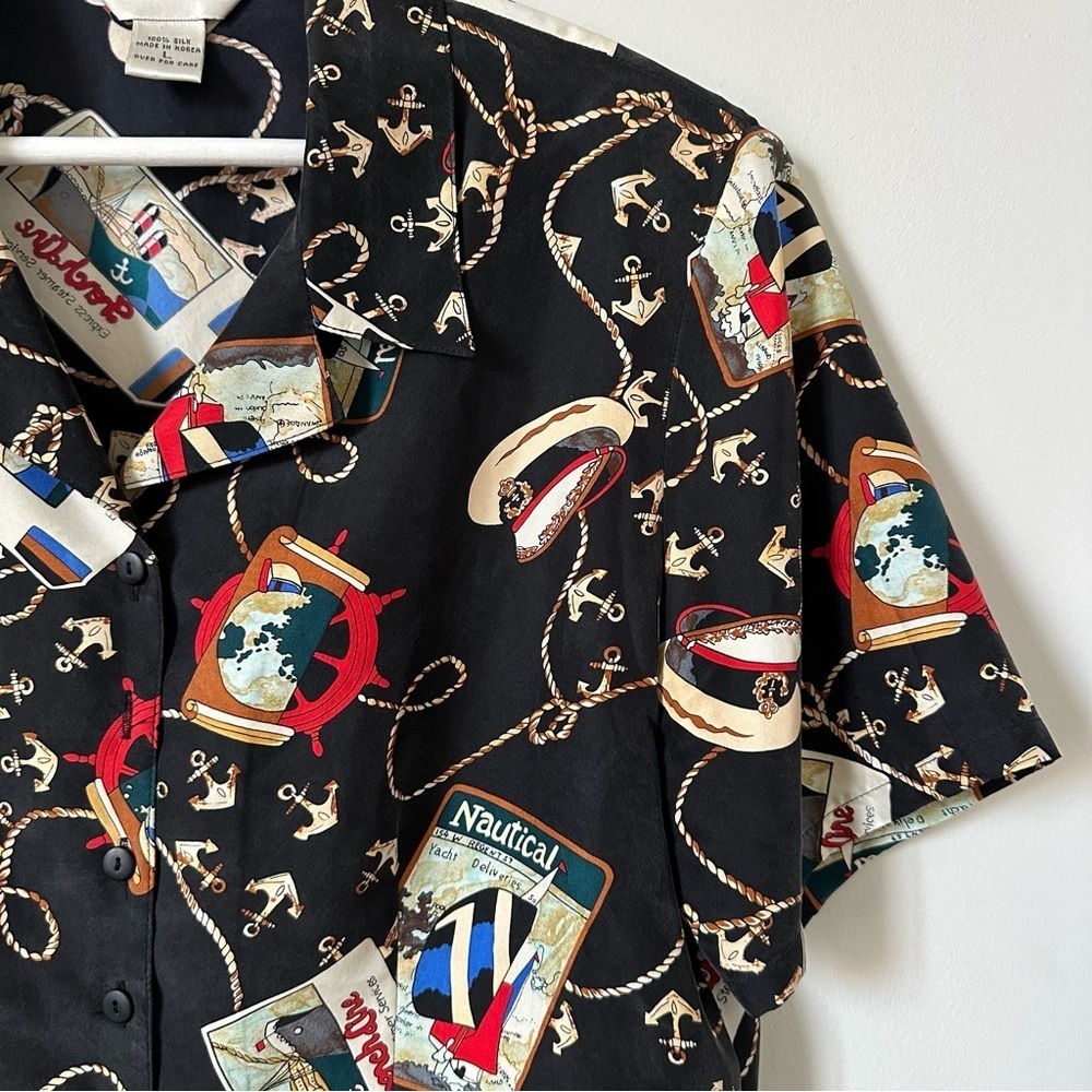 Vintage 100% Silk Nautical Print Button Down Shirt Black Casual Corner L - Picture 3 of 6
